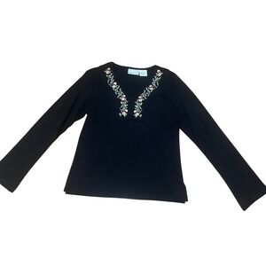 220 Hickory Women's SML Black Long Sleeve Grandma Cottage Floral Embroidered Top